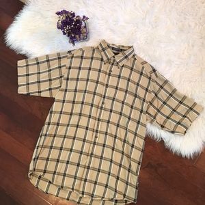 Men's Tan Plaid Button Up Top